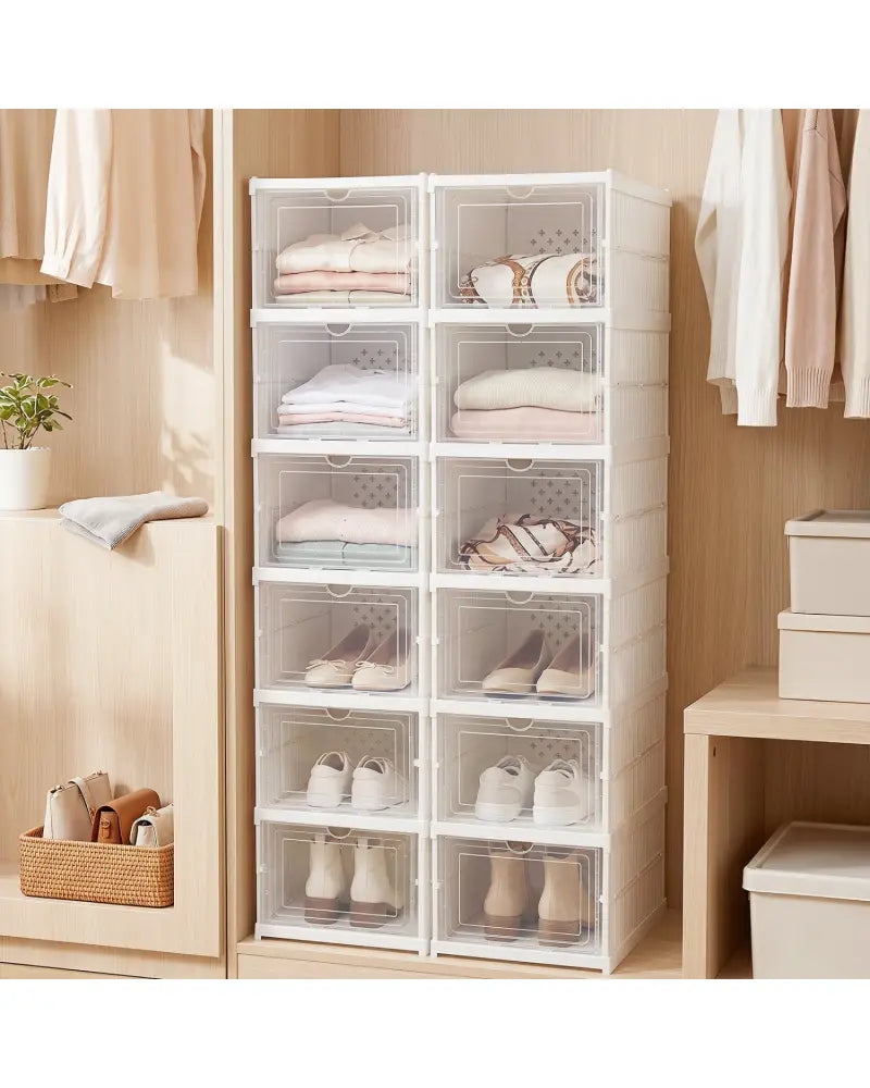 6-Tier Shoe Organizer Set of 2 with Clear Doors and Portable Design for 12 Pairs-White - White - Shoe Racks & Storage