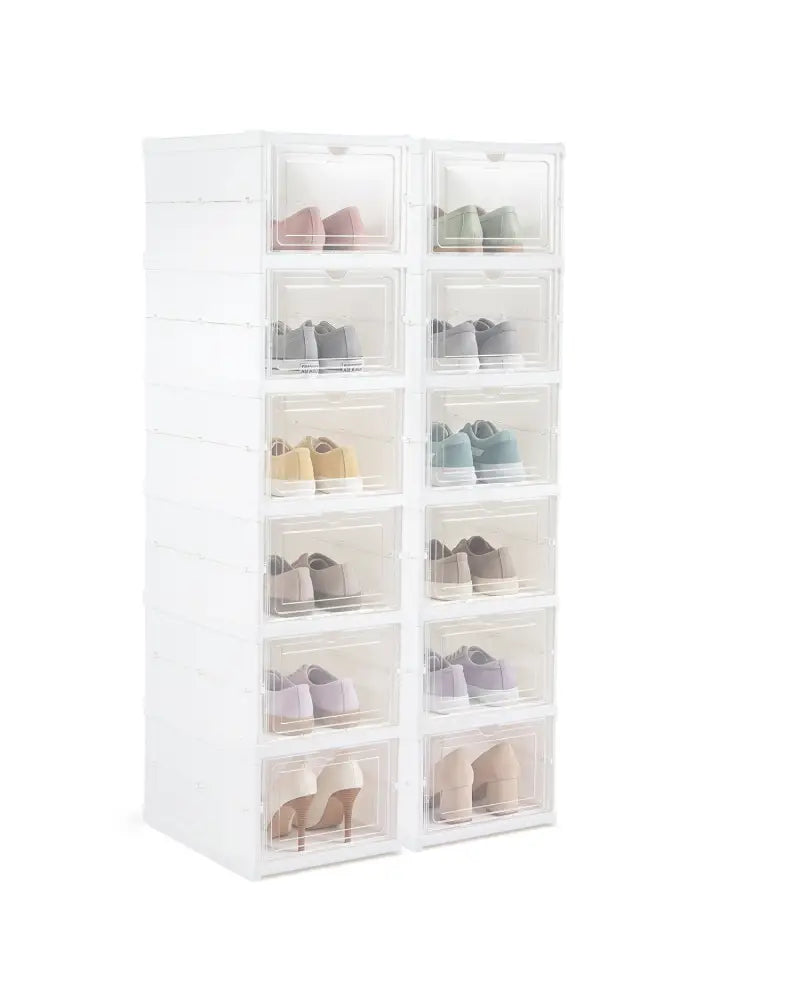 6-Tier Shoe Organizer Set of 2 with Clear Doors and Portable Design for 12 Pairs-White - White - Shoe Racks & Storage