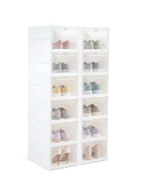 6-Tier Shoe Organizer Set of 2 with Clear Doors and Portable Design for 12 Pairs-White - White - Shoe Racks & Storage