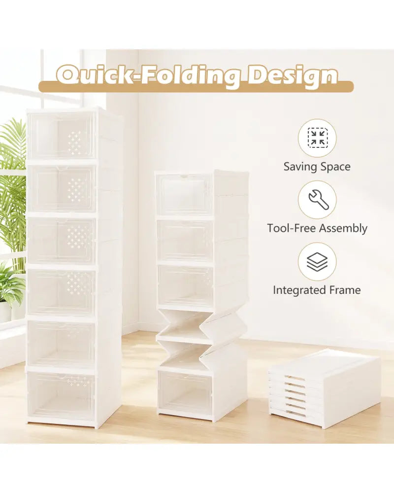 6-Tier Shoe Organizer Set of 2 with Clear Doors and Portable Design for 12 Pairs-White - White - Shoe Racks & Storage