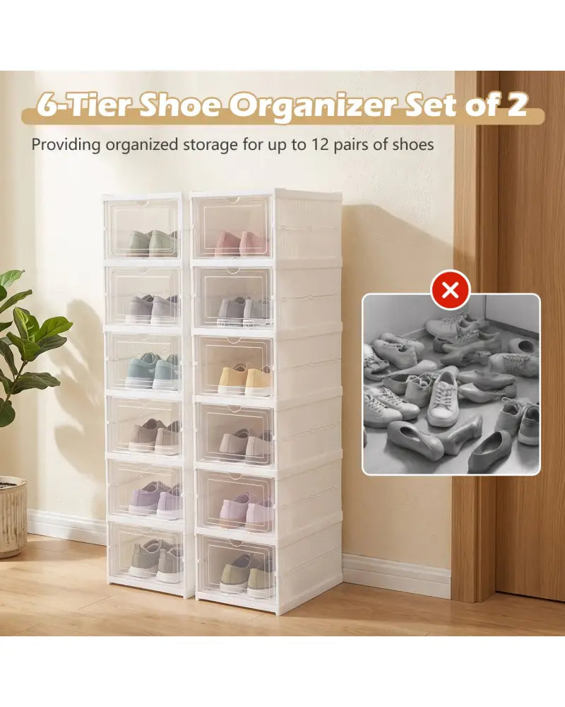 6-Tier Shoe Organizer Set of 2 with Clear Doors and Portable Design for 12 Pairs-White - White - Shoe Racks & Storage