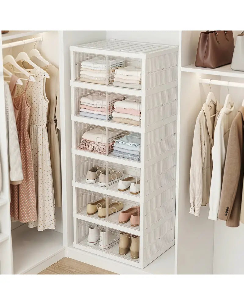 6-Tier Shoe Organizer with Clear Doors and Portable Design for 12 Pairs-White - White - Shoe Racks & Storage Benches