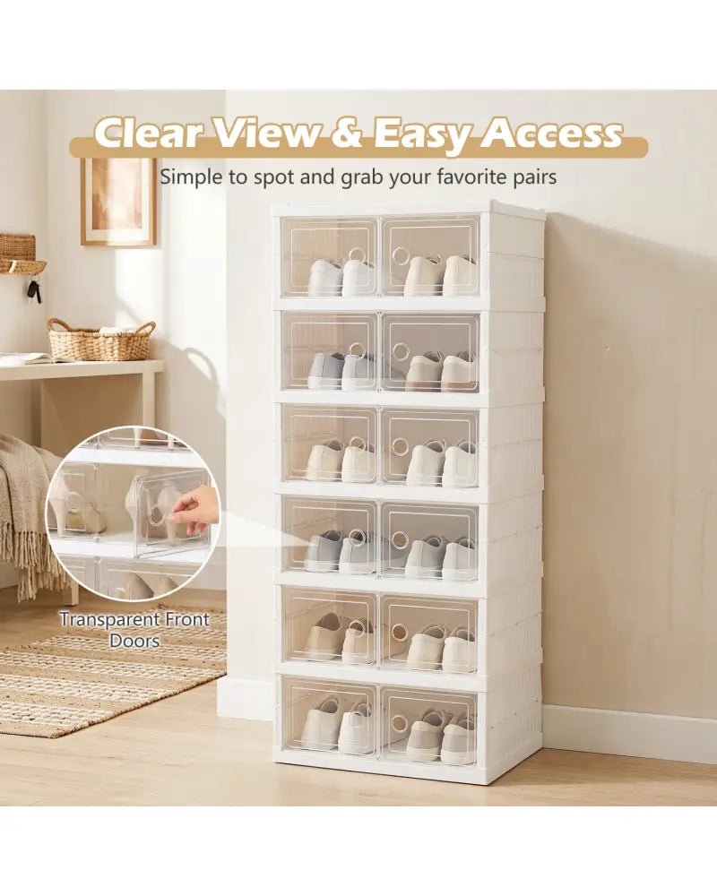6-Tier Shoe Organizer with Clear Doors and Portable Design for 12 Pairs-White - White - Shoe Racks & Storage Benches