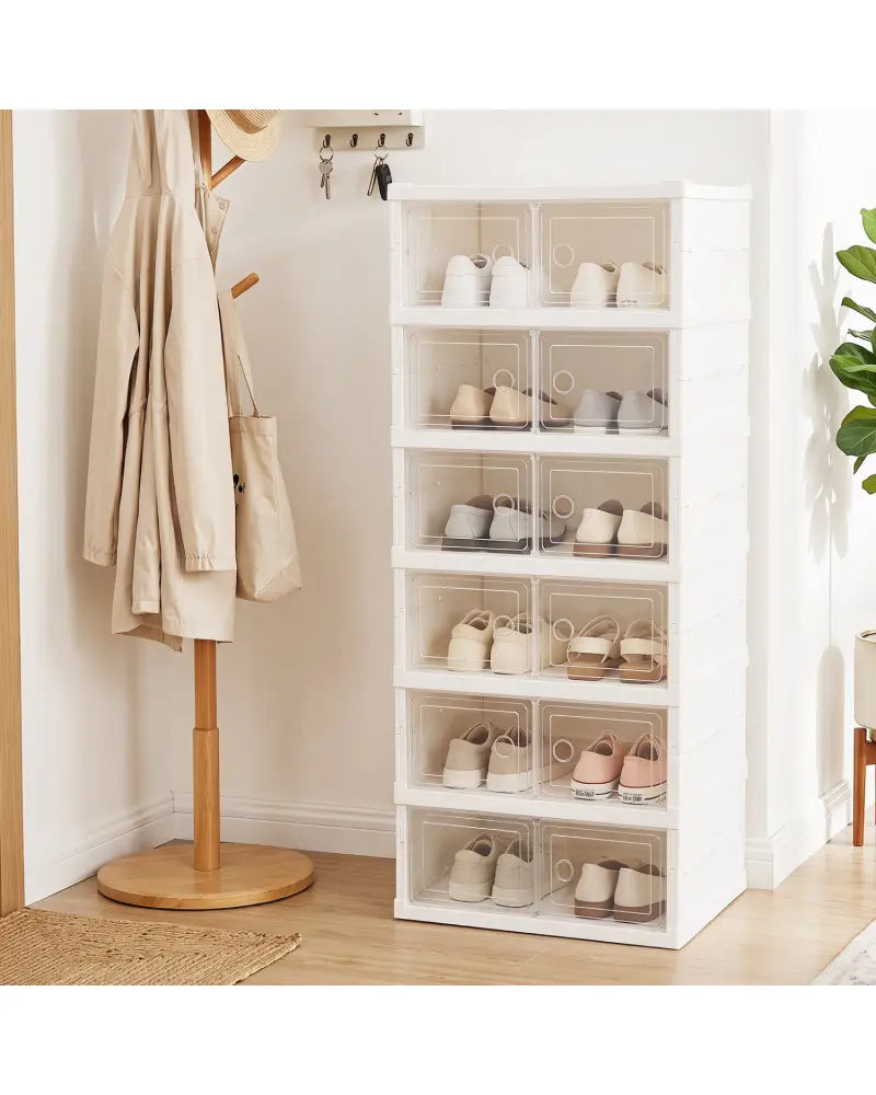 6-Tier Shoe Organizer with Clear Doors and Portable Design for 12 Pairs-White - White - Shoe Racks & Storage Benches