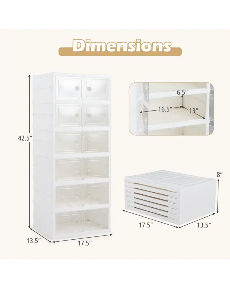 6-Tier Shoe Organizer with Clear Doors and Portable Design for 12 Pairs-White - White - Shoe Racks & Storage Benches
