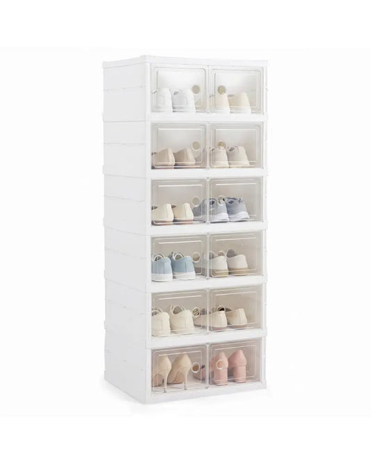 6-Tier Shoe Organizer with Clear Doors and Portable Design for 12 Pairs-White - White - Shoe Racks & Storage Benches