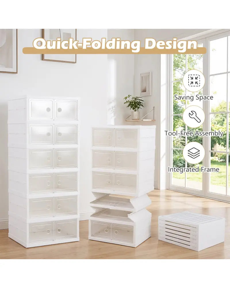 6-Tier Shoe Organizer with Clear Doors and Portable Design for 12 Pairs-White - White - Shoe Racks & Storage Benches