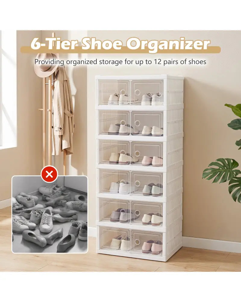 6-Tier Shoe Organizer with Clear Doors and Portable Design for 12 Pairs-White - White - Shoe Racks & Storage Benches