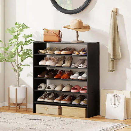 6-tier Shoe Rack with Anti-tipping Device for Entryway-Black - Black - Shoe Racks & Storage Benches