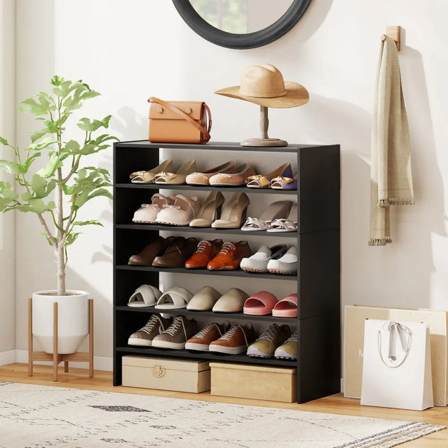 6-tier Shoe Rack with Anti-tipping Device for Entryway-Black - Black - Shoe Racks & Storage Benches
