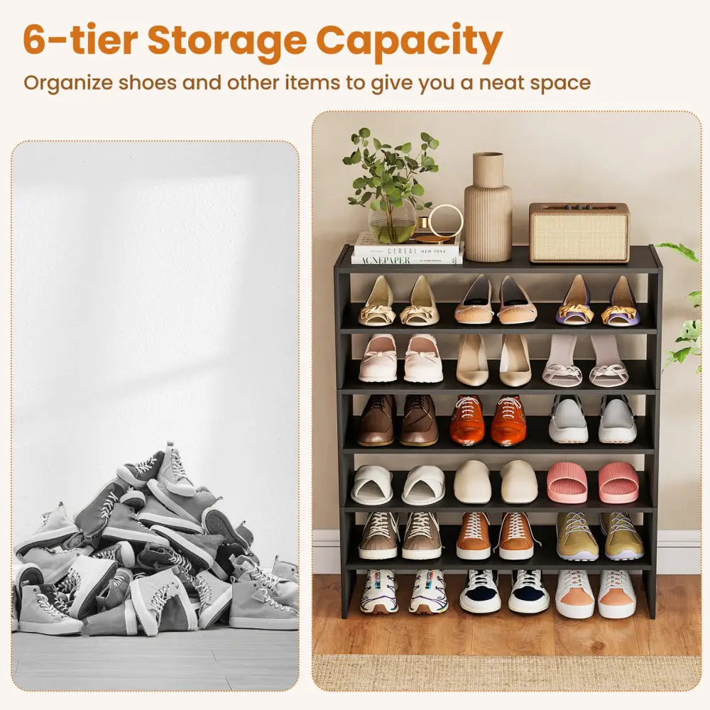 6-tier Shoe Rack with Anti-tipping Device for Entryway-Black - Black - Shoe Racks & Storage Benches