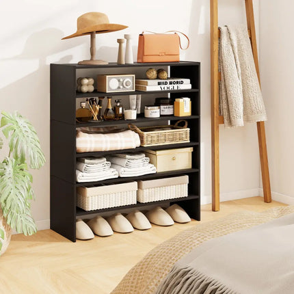 6-tier Shoe Rack with Anti-tipping Device for Entryway-Black - Black - Shoe Racks & Storage Benches