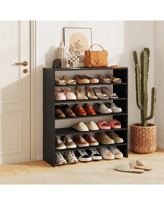 6-tier Shoe Rack with Anti-tipping Device for Entryway-Black - Black - Shoe Racks & Storage Benches