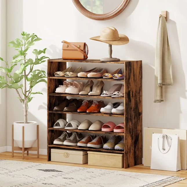 6-tier Shoe Rack with Anti-tipping Device for Entryway-Rustic Brown - Rustic Brown - Shoe Racks & Storage Benches