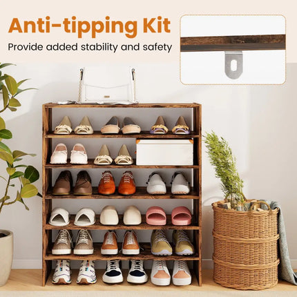 6-tier Shoe Rack with Anti-tipping Device for Entryway-Rustic Brown - Rustic Brown - Shoe Racks & Storage Benches