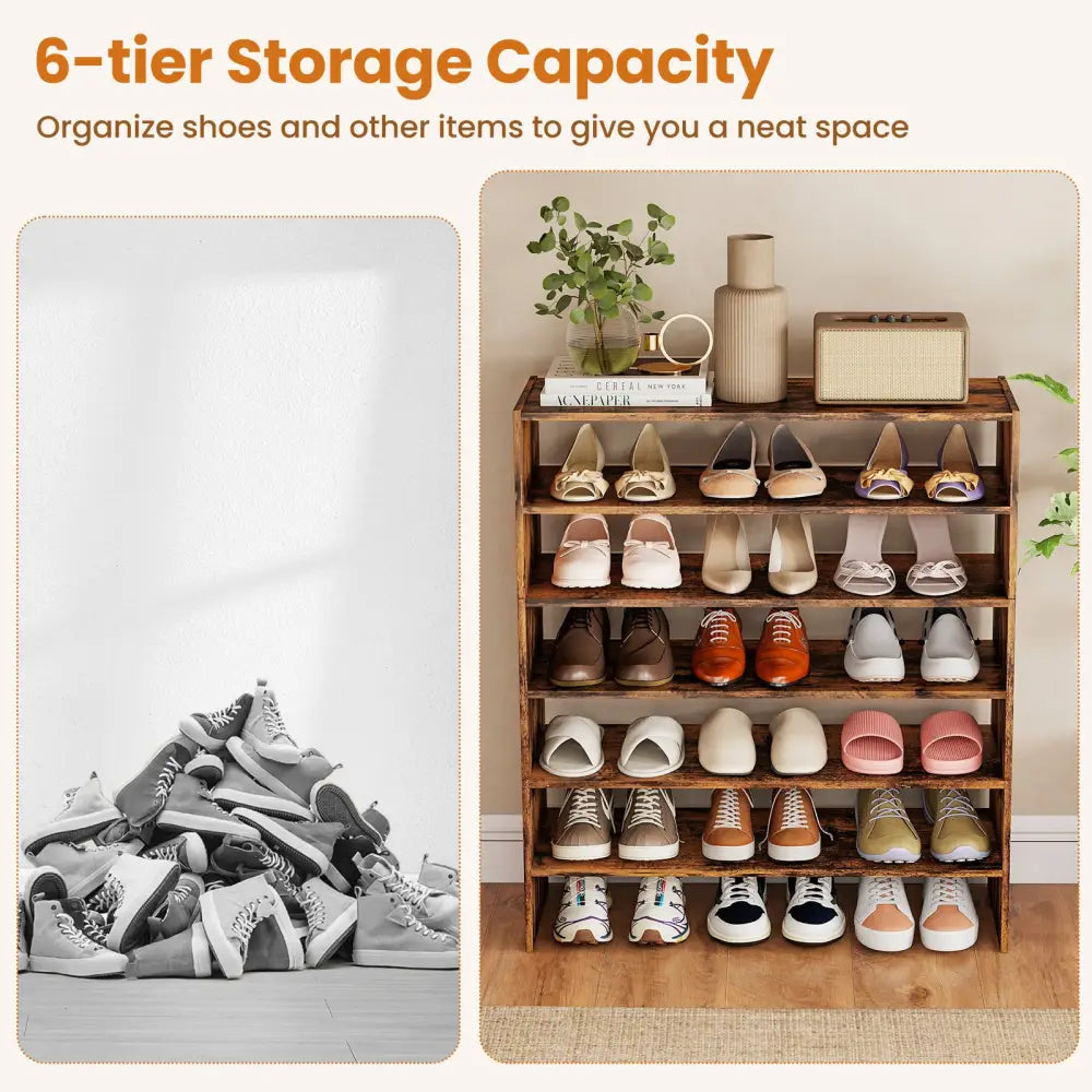 6-tier Shoe Rack with Anti-tipping Device for Entryway-Rustic Brown - Rustic Brown - Shoe Racks & Storage Benches