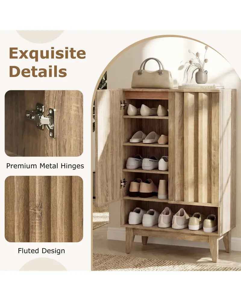 6-Tier Shoe Storage Organizer with 2 Fluted Doors-Oak - Oak - Shoe Racks & Storage Benches