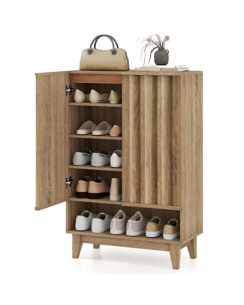 6-Tier Shoe Storage Organizer with 2 Fluted Doors-Oak - Oak - Shoe Racks & Storage Benches