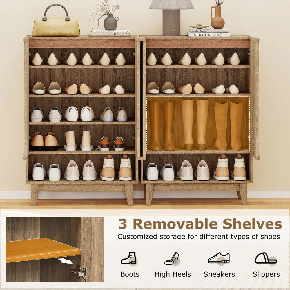 6-Tier Shoe Storage Organizer with 2 Fluted Doors-Oak - Oak - Shoe Racks & Storage Benches