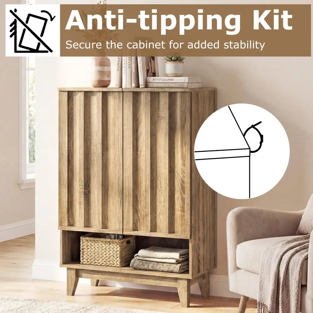 6-Tier Shoe Storage Organizer with 2 Fluted Doors-Oak - Oak - Shoe Racks & Storage Benches