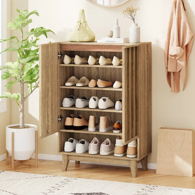6-Tier Shoe Storage Organizer with 2 Fluted Doors-Oak - Oak - Shoe Racks & Storage Benches