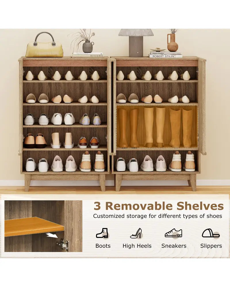 6-Tier Shoe Storage Organizer with 2 Fluted Doors-Oak - Oak - Shoe Racks & Storage Benches