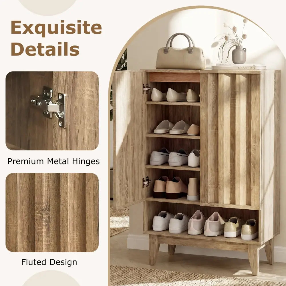 6-Tier Shoe Storage Organizer with 2 Fluted Doors-Oak - Oak - Shoe Racks & Storage Benches