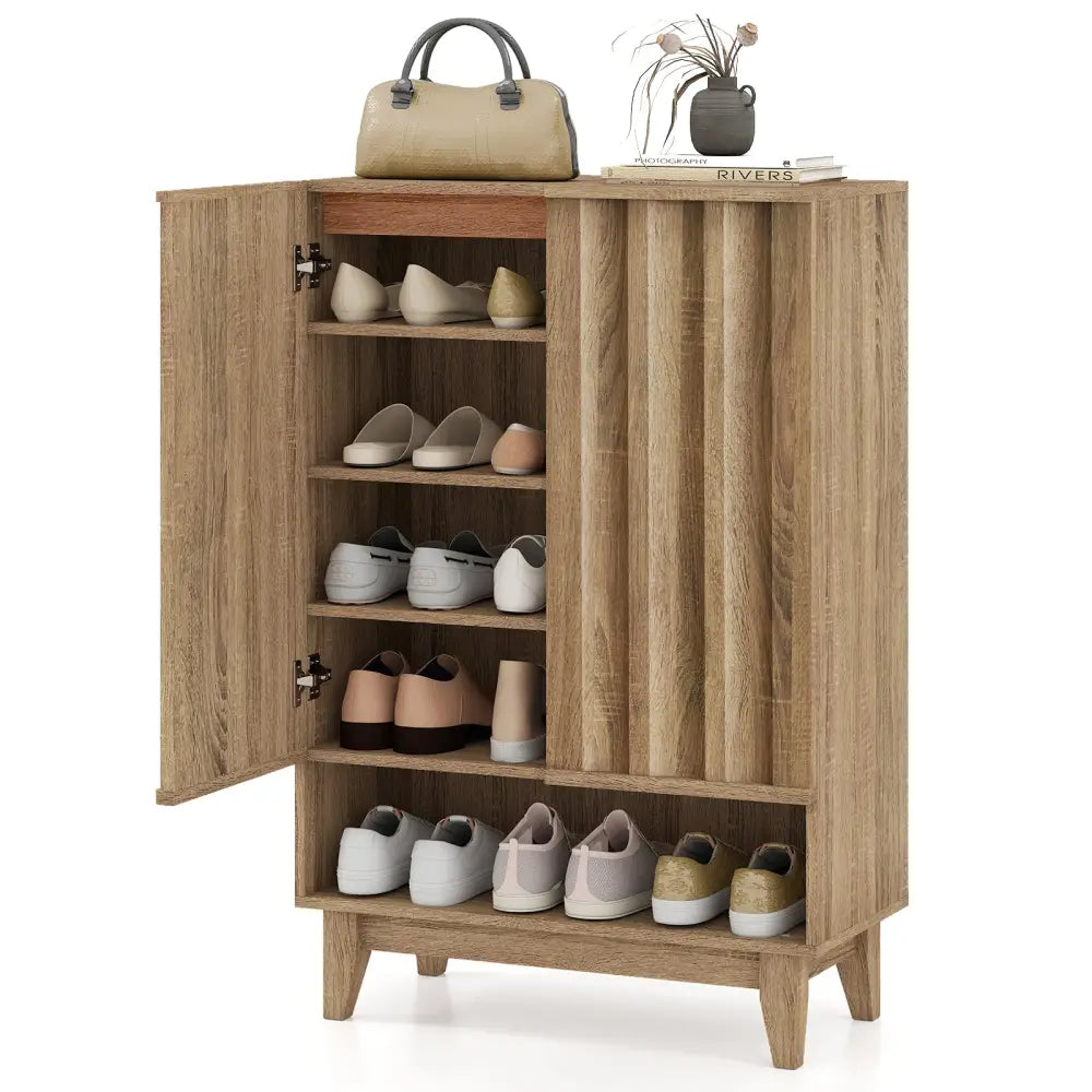 6-Tier Shoe Storage Organizer with 2 Fluted Doors-Oak - Oak - Shoe Racks & Storage Benches