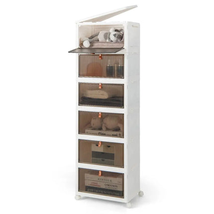6-Tier Stackable Plastic Storage Bins with Lids and Doors-White - White - Shoe Racks & Storage Benches
