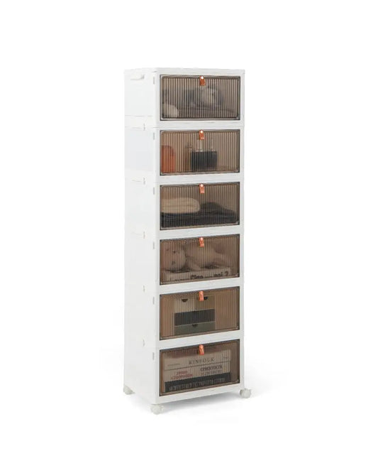 6-Tier Stackable Plastic Storage Bins with Lids and Doors-White - White - Shoe Racks & Storage Benches