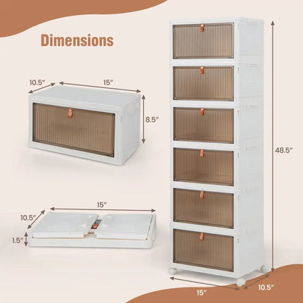 6-Tier Stackable Plastic Storage Bins with Lids and Doors-White - White - Shoe Racks & Storage Benches