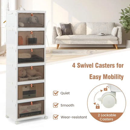 6-Tier Stackable Plastic Storage Bins with Lids and Doors-White - White - Shoe Racks & Storage Benches