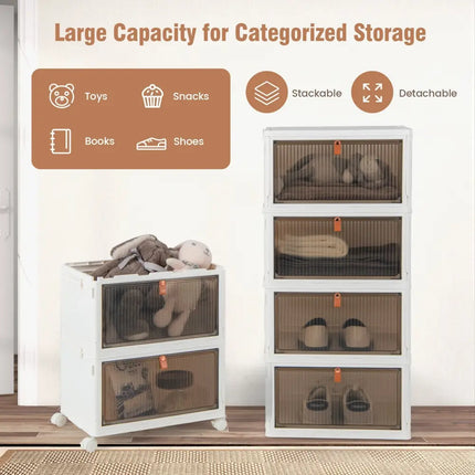 6-Tier Stackable Plastic Storage Bins with Lids and Doors-White - White - Shoe Racks & Storage Benches