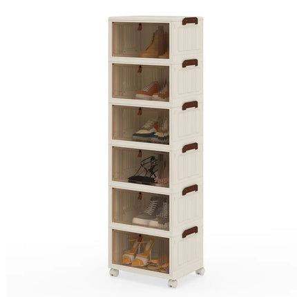 6-Tier Stackable Shoe Box with Lid Doors and Lockable Wheels-White - White - Shoe Racks & Storage Benches