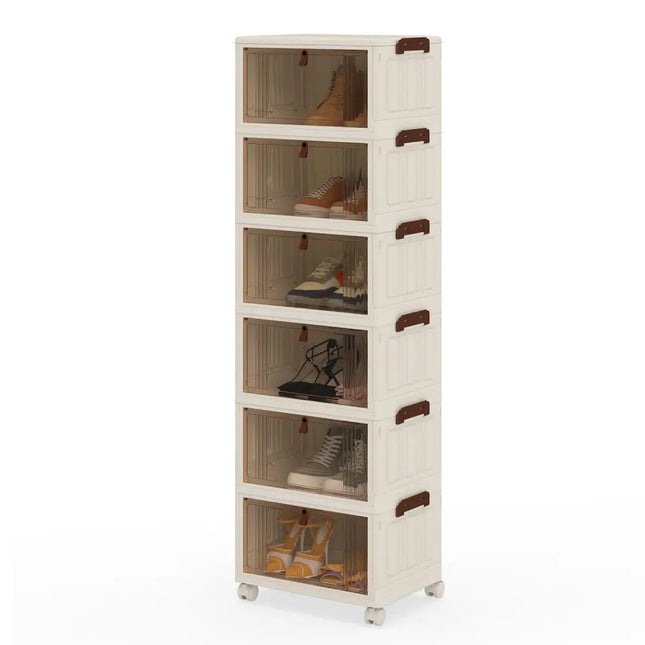 6-Tier Stackable Shoe Box with Lid Doors and Lockable Wheels-White - White - Shoe Racks & Storage Benches