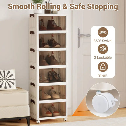 6-Tier Stackable Shoe Box with Lid Doors and Lockable Wheels-White - White - Shoe Racks & Storage Benches