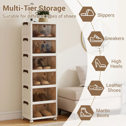 6-Tier Stackable Shoe Box with Lid Doors and Lockable Wheels-White - White - Shoe Racks & Storage Benches