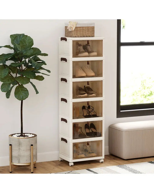6-Tier Stackable Shoe Box with Lid Doors and Lockable Wheels-White - White - Shoe Racks & Storage Benches