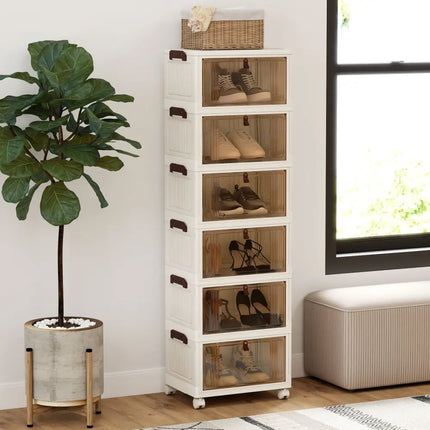 6-Tier Stackable Shoe Box with Lid Doors and Lockable Wheels-White - White - Shoe Racks & Storage Benches