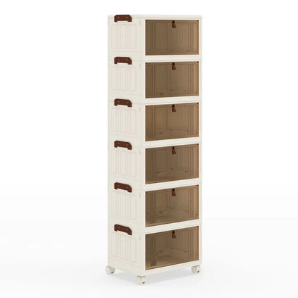 6-Tier Stackable Shoe Box with Lid Doors and Lockable Wheels-White - White - Shoe Racks & Storage Benches