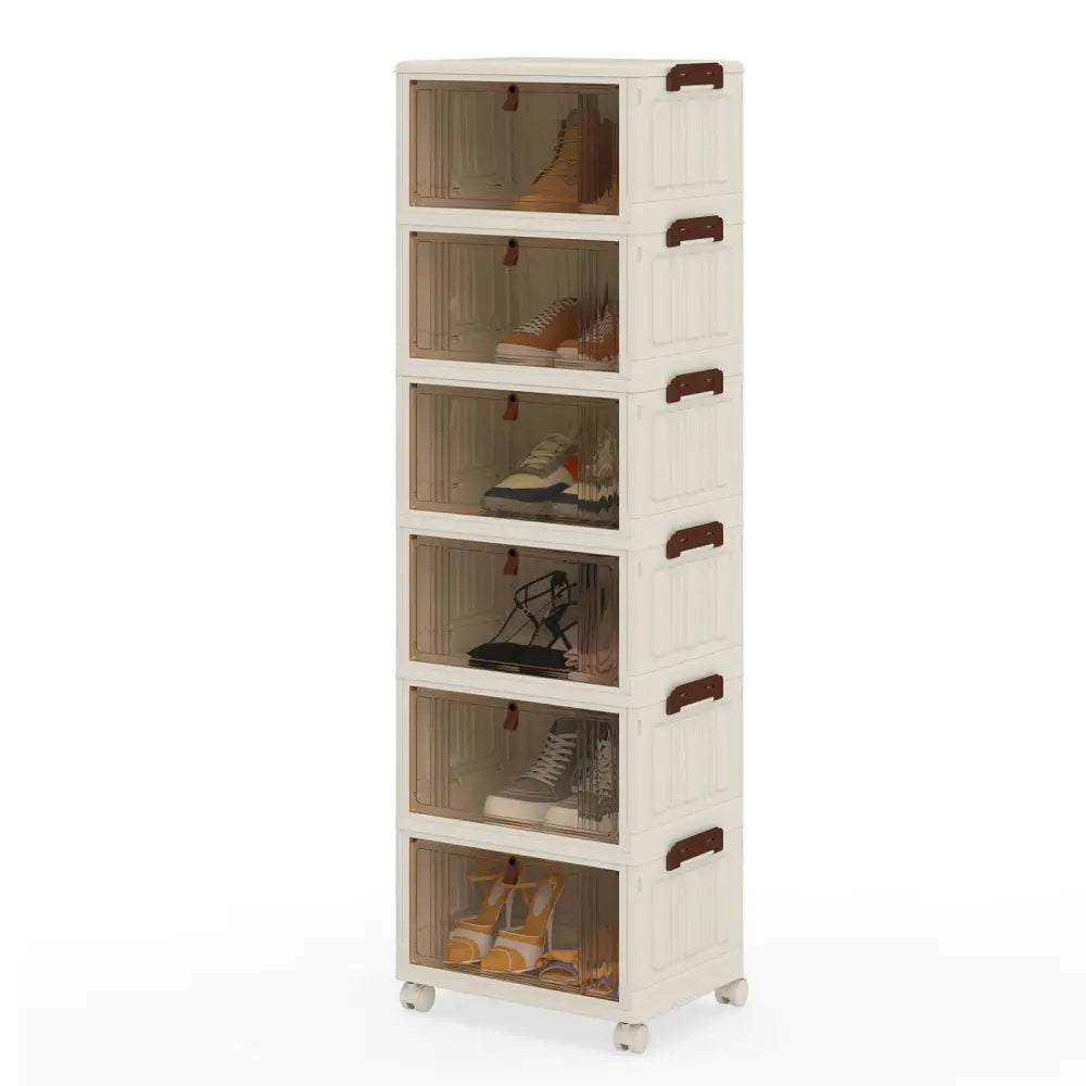 6-Tier Stackable Shoe Box with Lid Doors and Lockable Wheels-White - White - Shoe Racks & Storage Benches