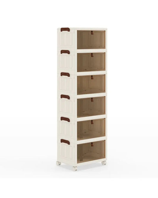 6-Tier Stackable Shoe Box with Lid Doors and Lockable Wheels-White - White - Shoe Racks & Storage Benches