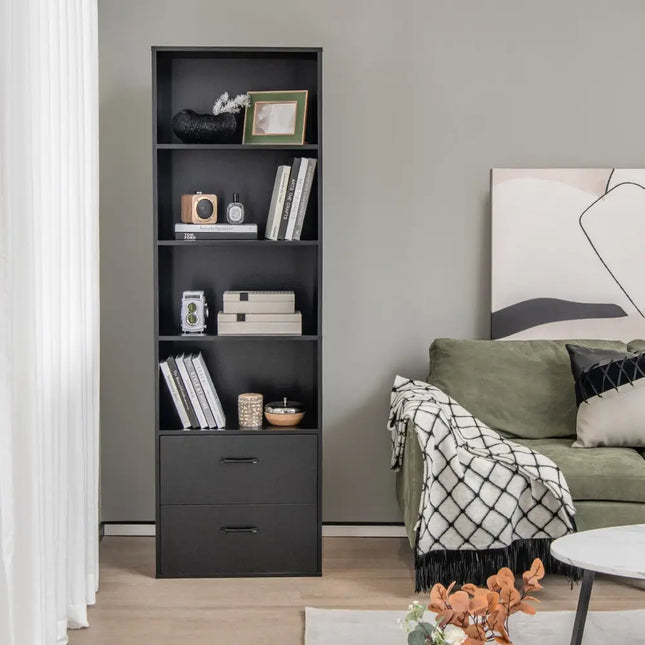 6-Tier Tall Freestanding Bookshelf with 4 Open Shelves and 2 Drawers-Black - Black - Bookcases