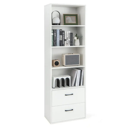 6-Tier Tall Freestanding Bookshelf with 4 Open Shelves and 2 Drawers-White - White - Bookcases