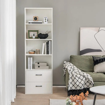 6-Tier Tall Freestanding Bookshelf with 4 Open Shelves and 2 Drawers-White - White - Bookcases