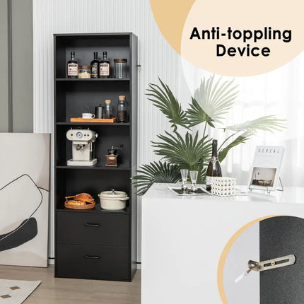 6-Tier Tall Freestanding Bookshelf with 4 Open Shelves and 2 Drawers-Black - Black - Bookcases