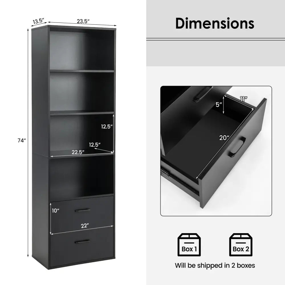 6-Tier Tall Freestanding Bookshelf with 4 Open Shelves and 2 Drawers-Black - Black - Bookcases