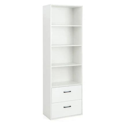 6-Tier Tall Freestanding Bookshelf with 4 Open Shelves and 2 Drawers-White - White - Bookcases