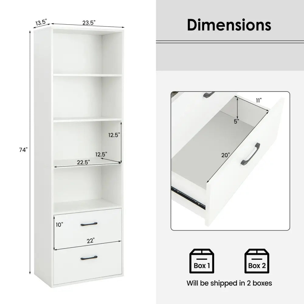 6-Tier Tall Freestanding Bookshelf with 4 Open Shelves and 2 Drawers-White - White - Bookcases