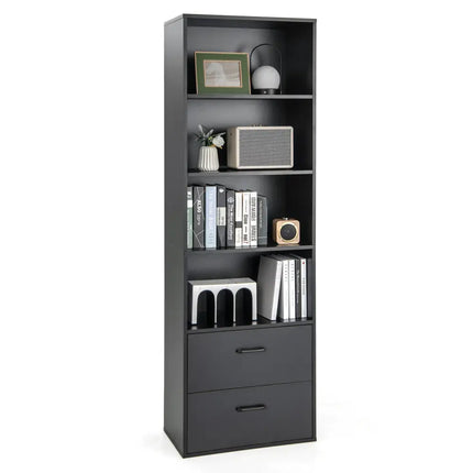 6-Tier Tall Freestanding Bookshelf with 4 Open Shelves and 2 Drawers-Black - Black - Bookcases